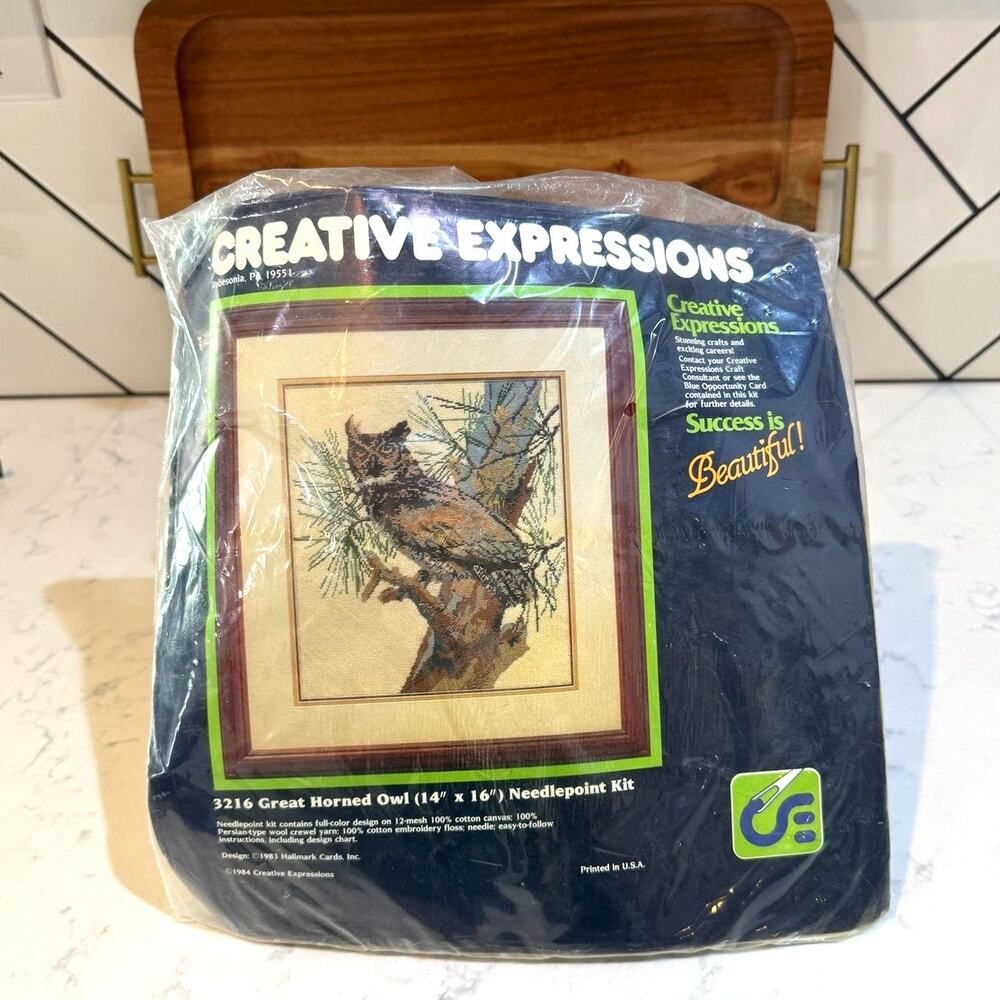 Vintage 1984 Creative Expressions Needlepoint Kit Great Horned Owl nature bird